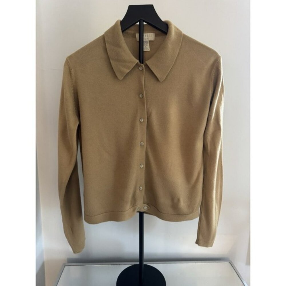 Vintage Express Tricot Button Front Knit Cardigan Tan Collared Sweater Women's M
